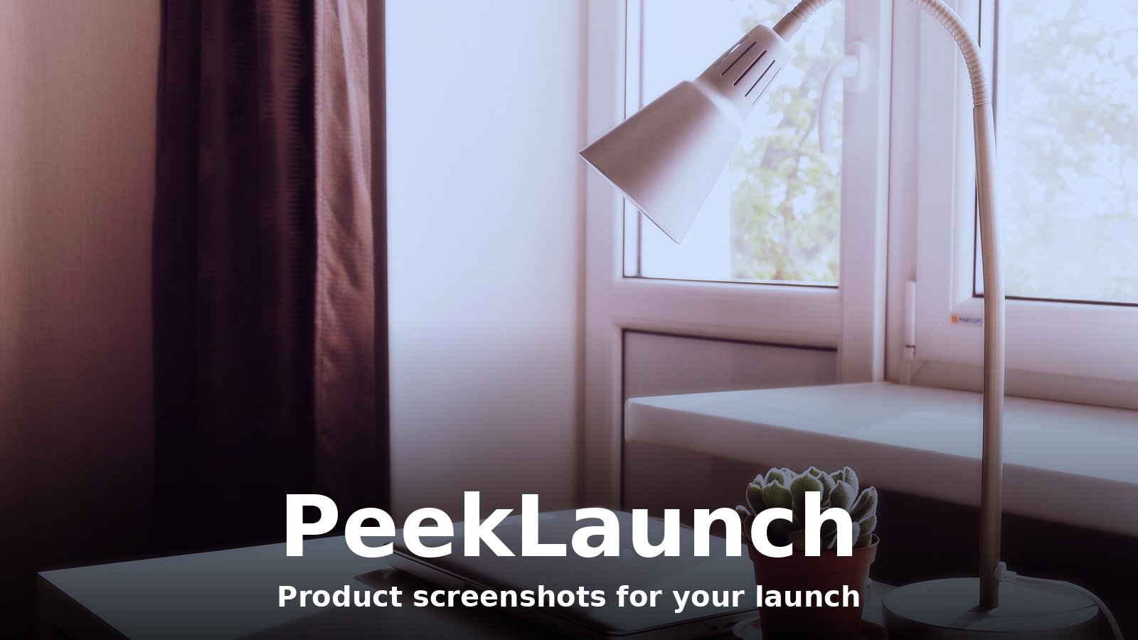 Laptop and desk lamp on a table with PeekLaunch text